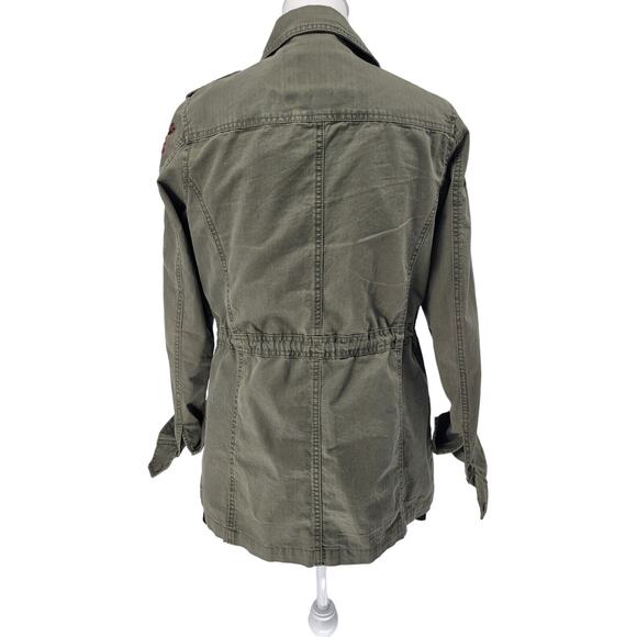 Olive Green Canvas Military Utility Jacket w/ Floral Embroidery, Size S - Picture 7 of 7